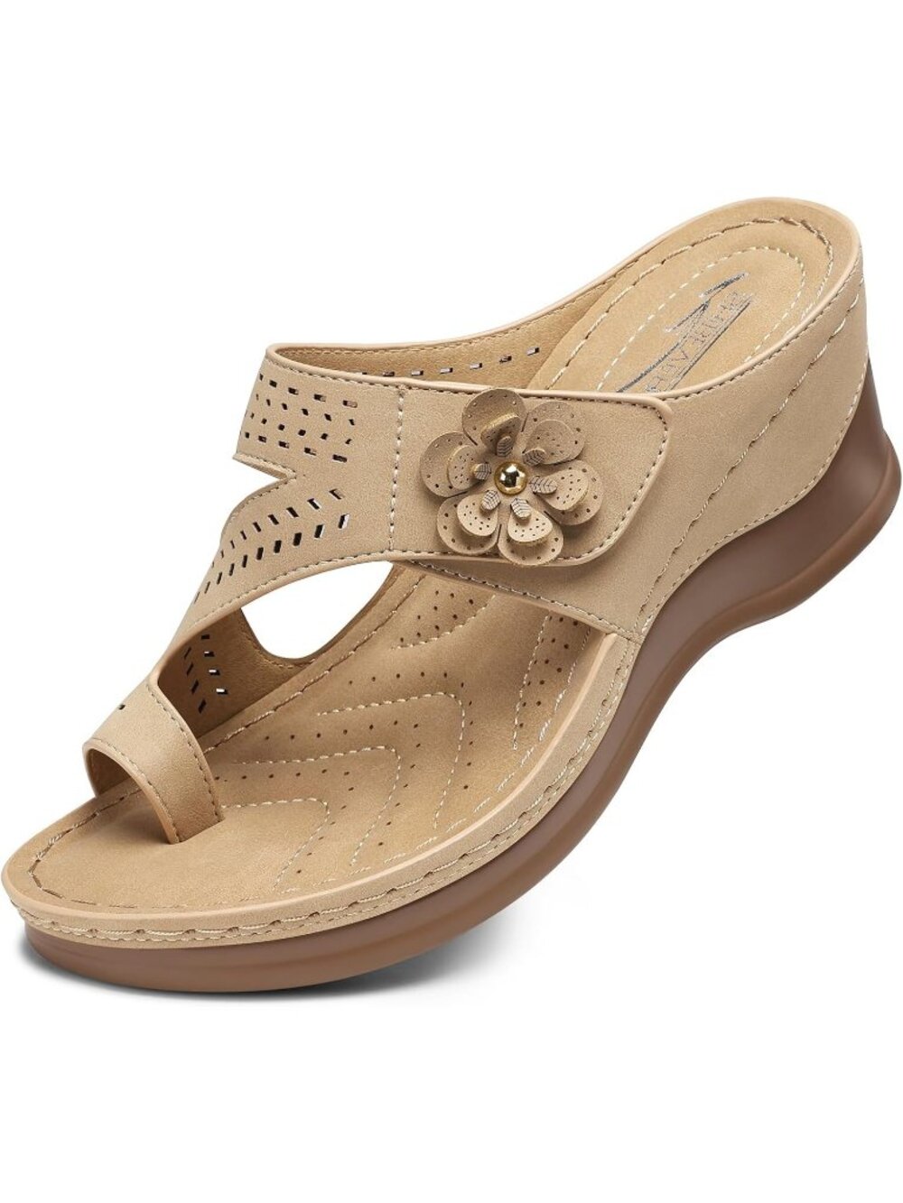 Women's Beige Wedge Sandals Comfortable Dressy Slip-On Summer Shoes Flip Flops